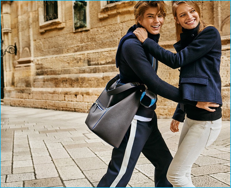 Jordan Barrett and Ine Neefs are all smiles for Furla's fall-winter 2016 camapign.