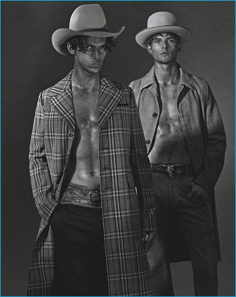 Miles Hurley dons a plaid Prada coat, while Guerrino Santulliana is pictured in the brand's brown denim coat.