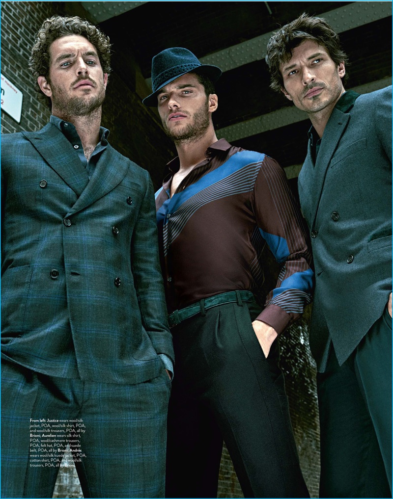 Justice Joslin, Aurelien Muller, and Andres Velencoso photographed by Mariano Vivanco for GQ Australia.