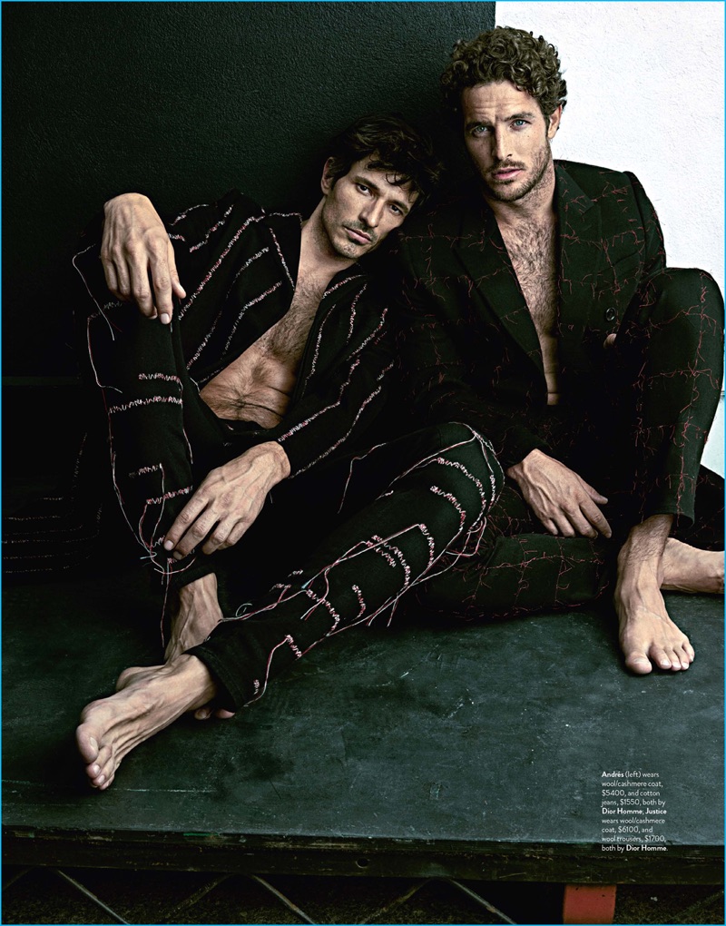 Andres Velencoso and Justice Joslin pose in Dior Homme suits for GQ Australia.