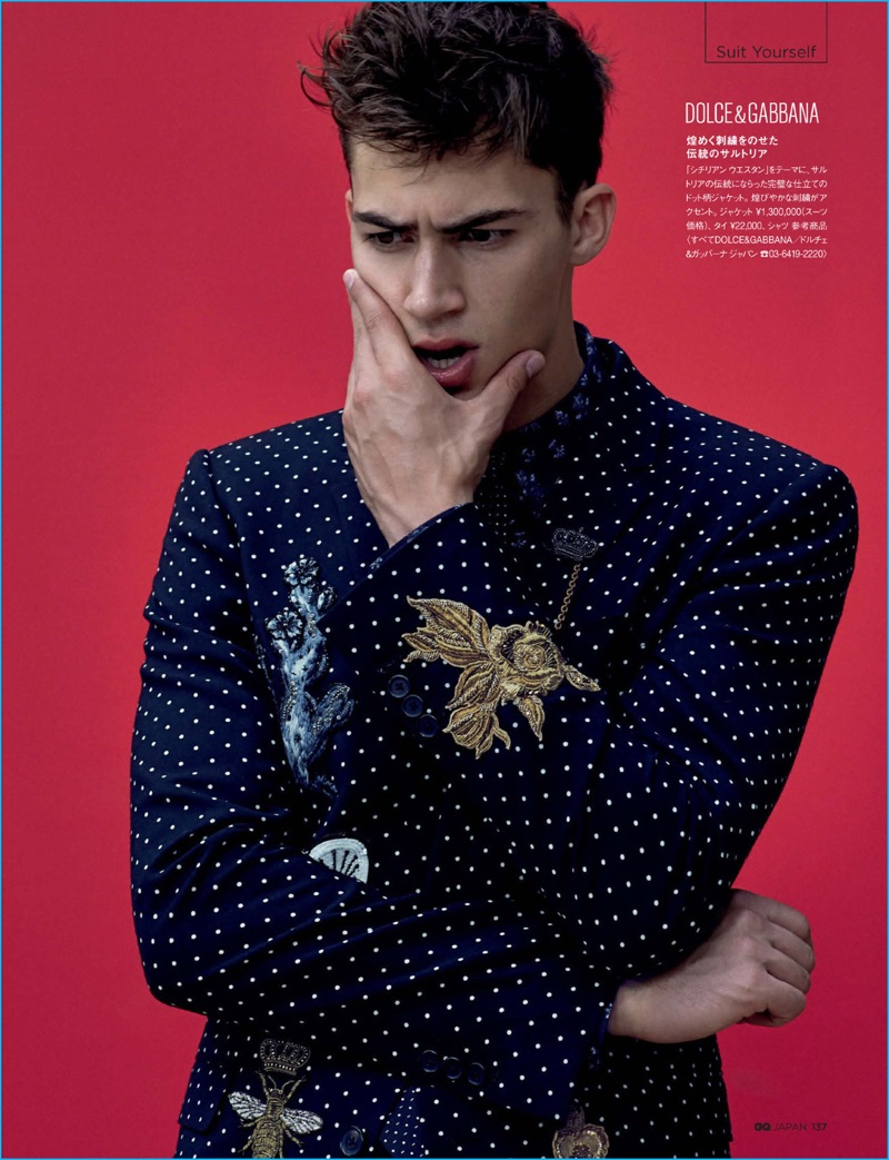 Alessio Pozzi models an embellished polka dot suit from Dolce & Gabbana for GQ Japan.