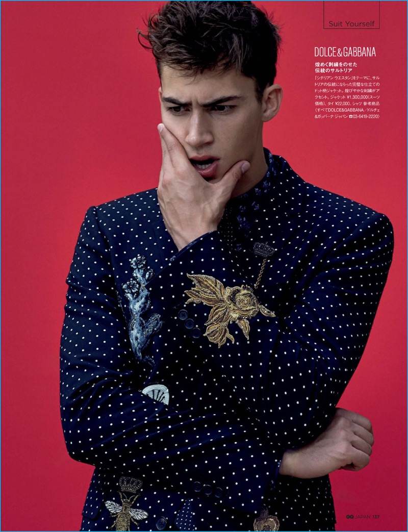Alessio Pozzi models an embellished polka dot suit from Dolce & Gabbana for GQ Japan. » Suit Yourself: GQ Japan Focuses on Decadent Tailoring Alessio Pozzi models an embellished polka dot suit from Dolce & Gabbana for GQ Japan.