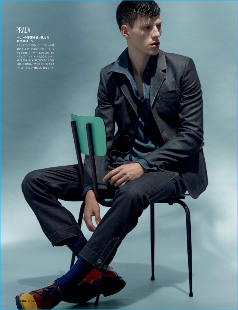 Nemanja Maksic pictured in a sailor-inspired suiting number from Prada for GQ Japan.