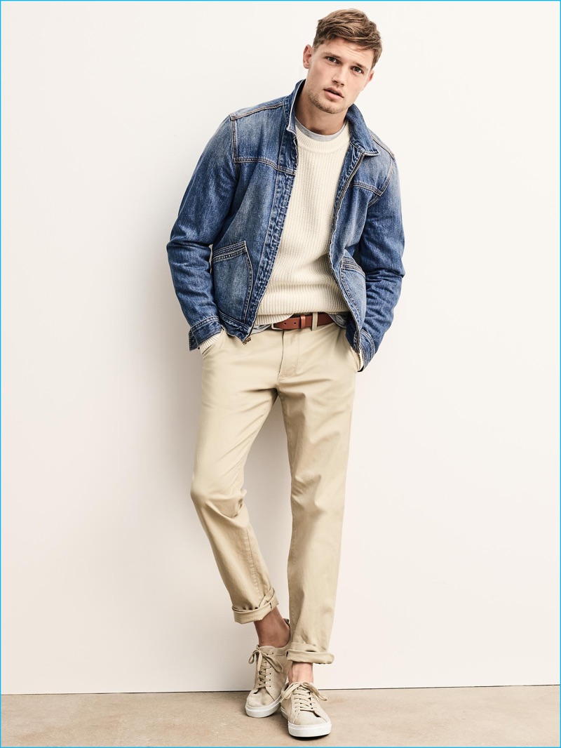 Stefan Pollmann dons an essential ensemble with Gap's 1969 denim jacket and khakis with sneakers.