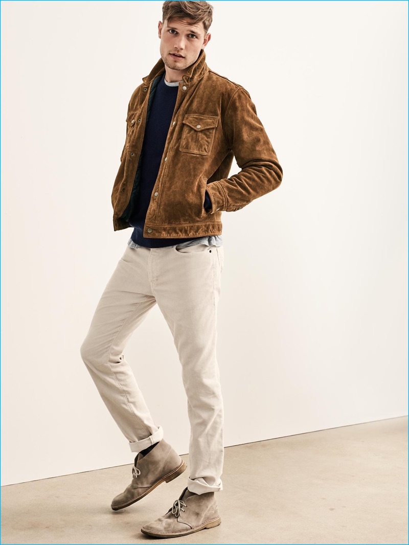 Wearing a standout piece of the season, Stefan Pollmann dons Gap's brown suede shirt jacket with slim-fit pants and suede desert boots.