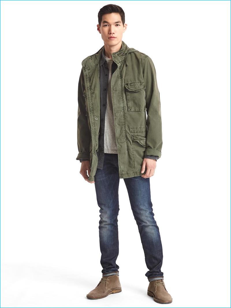Gap Hooded Fatigue Jacket, styled with denim jeans and chukka boots. » Military Style Trending: Gap Makes a Case for the Fatigue Jacket Gap Hooded Fatigue Jacket, styled with denim jeans and chukka boots.