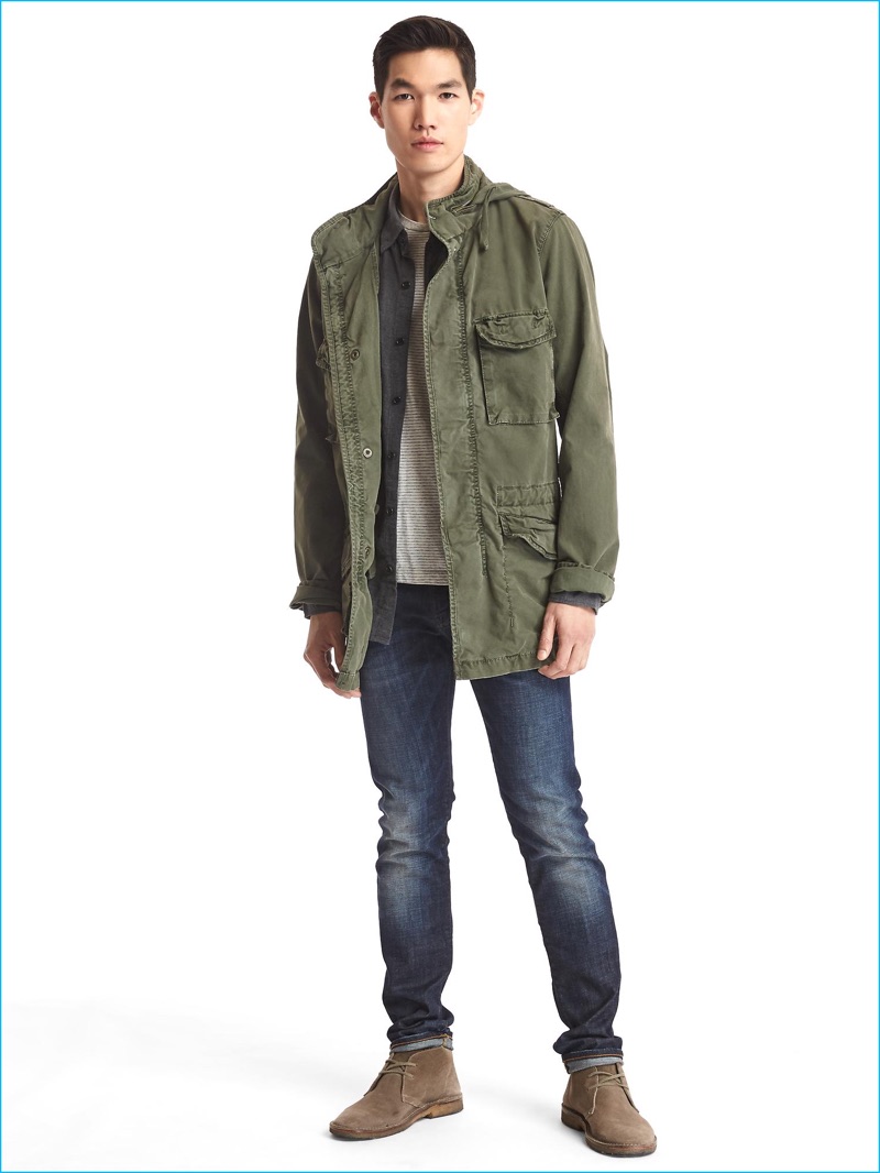 Gap Hooded Fatigue Jacket, styled with denim jeans and chukka boots.