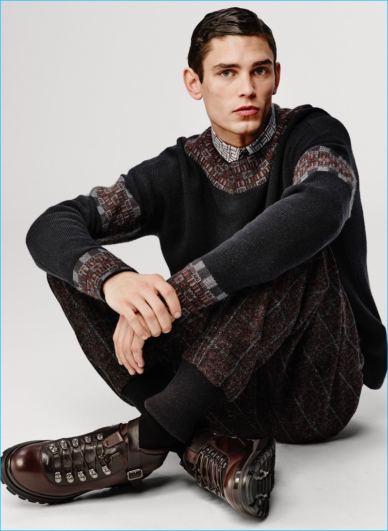 Arthur Gosse is front and center in a standout sweater from Giorgio Armani's fall-winter 2016 collection.