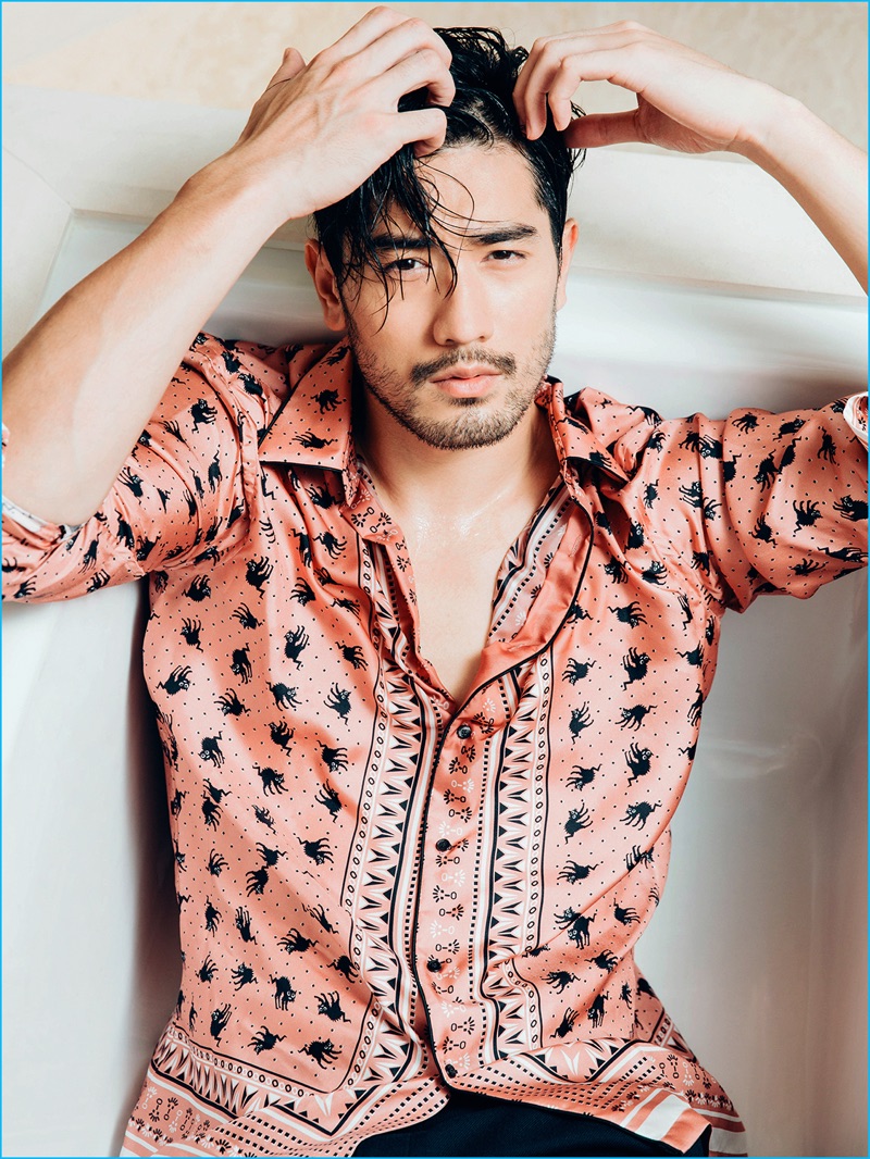 Godfrey Gao rocks a pajama-inspired print shirt from Fendi's fall-winter 2016 collection.