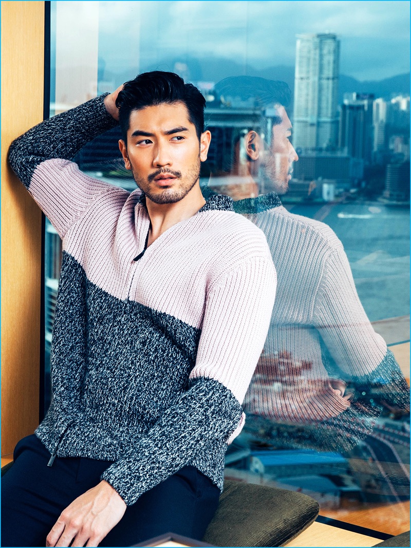 Godfrey Gao relaxes in a full-zip knit from Fendi's fall-winter 2016 collection.