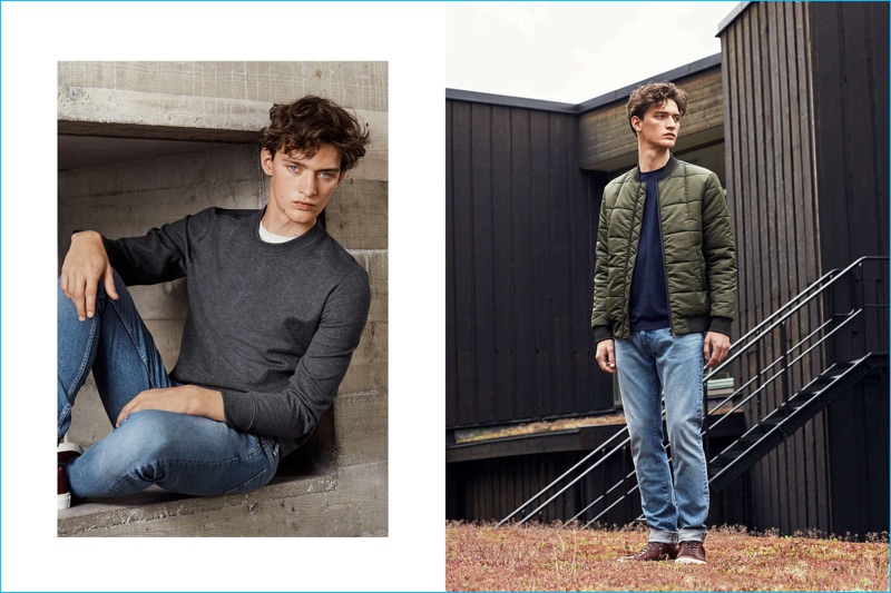 Otto Lotz connects with H&M, wearing the brand's quilted pilot jacket, basic t-shirt, skinny regular fit jeans, and scuba-look sweatshirt.