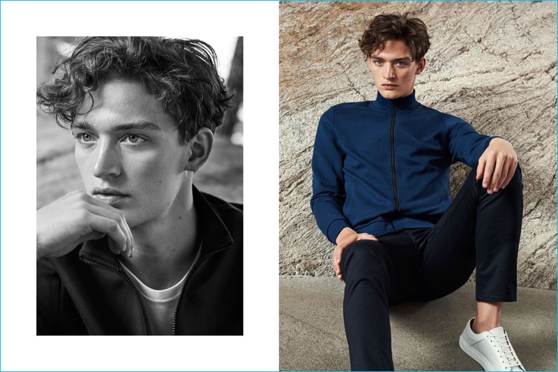 Model Otto Lotz is pictured in H&M's scuba-look jacket, cotton t-shirt, and twill skinny fit pants.