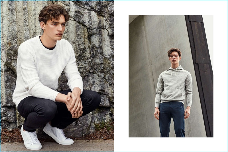 Otto Lotz rocks H&M's ribbed sweater, basic t-shirt, hooded jersey sweatshirt, leather sneakers, and skinny low jeans.