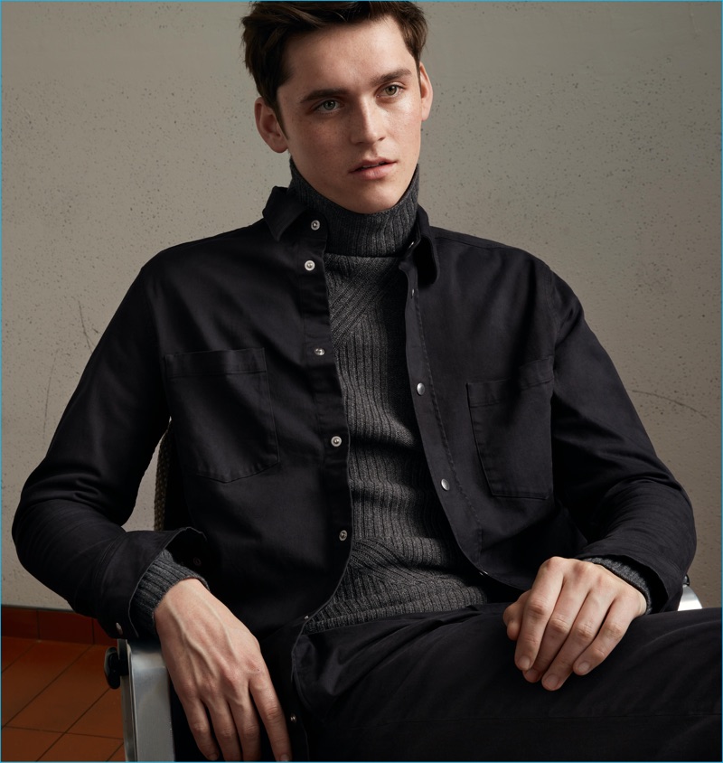 Anders Hayward dons a turtleneck sweater and shirt jacket  from H&M's fall-winter 2016 Studio collection.