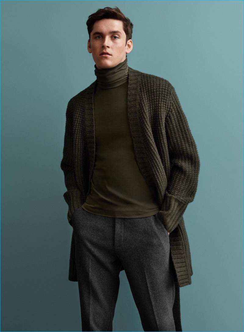 Anders Hayward pictured in a turtleneck and long cardigan sweater from H&M's fall-winter 2016 Studio collection.