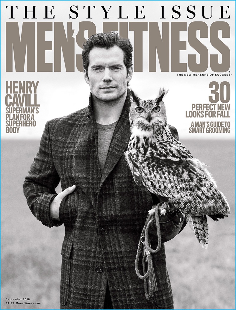 Henry Cavill dons a check Salvatore Ferragamo coat for the September 2016 cover of Men's Fitness.