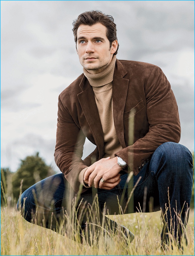 Henry Cavill dons a turtleneck and suede jacket for the September 2016 issue of Men's Fitness.
