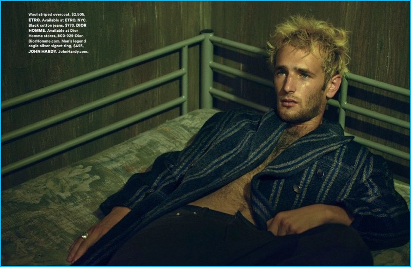 Hopper Penn relaxes in a striped Etro overcoat for Essential Homme.