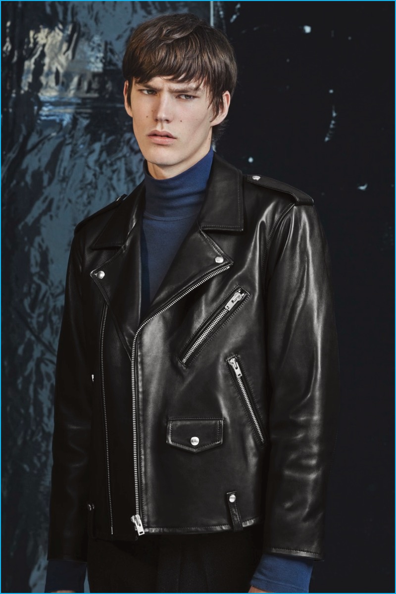 Elias de Poot embraces a cool image in a leather biker jacket and turtleneck from IRO's fall-winter 2016 collection.