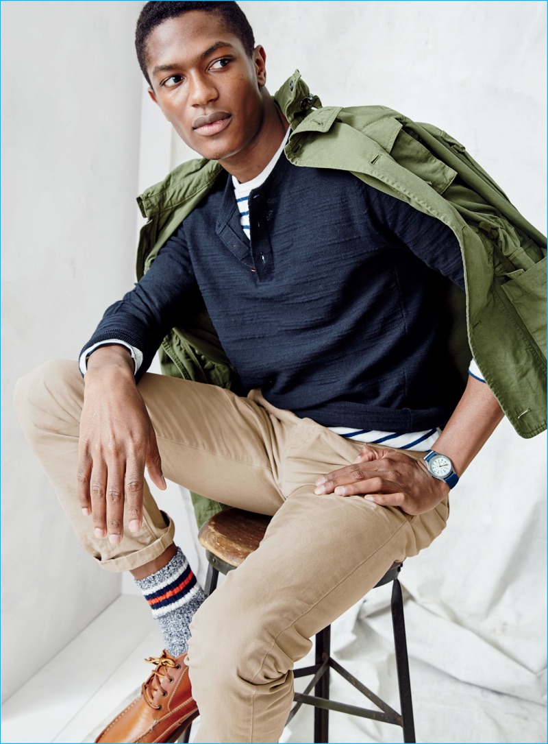 Model Hamid Onifade is front and center in casual staples from J.Crew's fall selection.