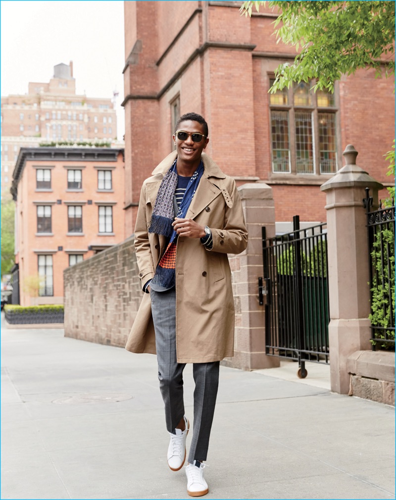 Hamid Onifade is all smiles as he models J.Crew's Ludlow trench coat with smart fall layers.