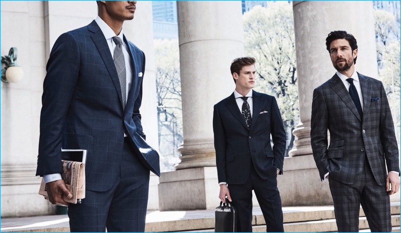 Models Paolo Roldan, Joel Meacock and Cedric Bihr take to downtown New York in sharp suiting from J.Hilburn's fall-winter 2016 catalogue.