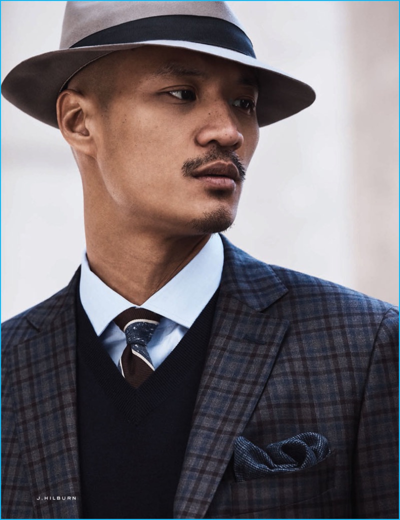 Paolo Roldan sports a felt fedora as he suits up for J.Hilburn's fall-winter 2016 catalogue.