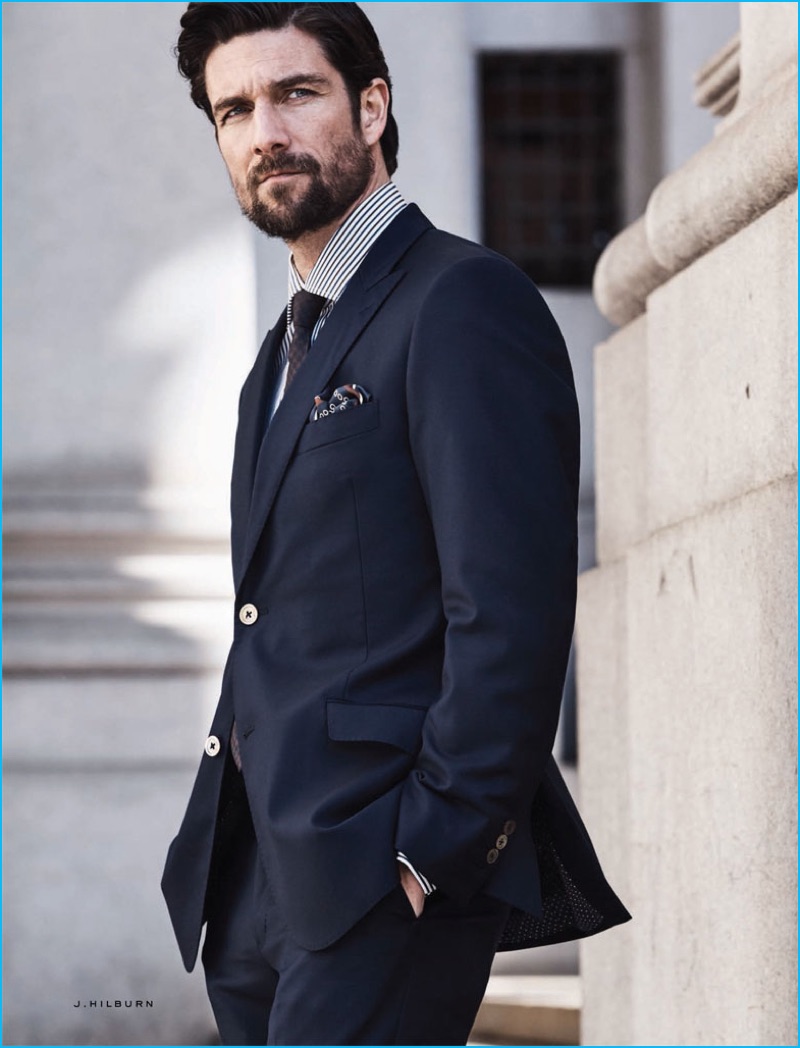 Cedric Bihr models navy suiting from J.Hilburn's fall-winter 2016 lineup.