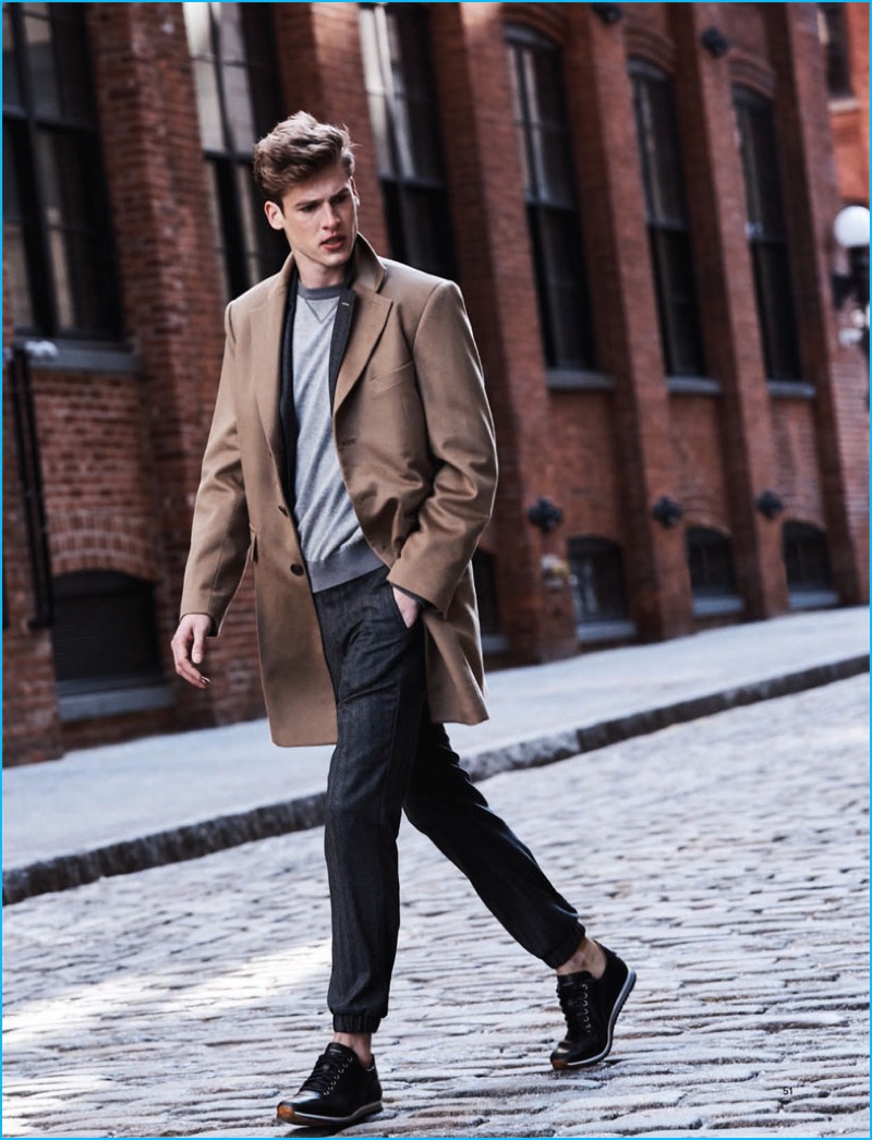 Joel Meacock takes to the streets of New York in a smart everyday look from J.Hilburn's fall-winter 2016 collection.