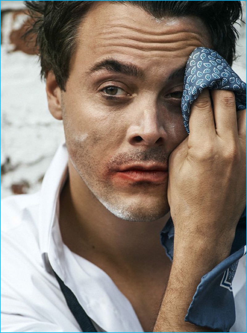 Jack Huston dons a white Canali dress shirt with a Billy Reid bow-tie.