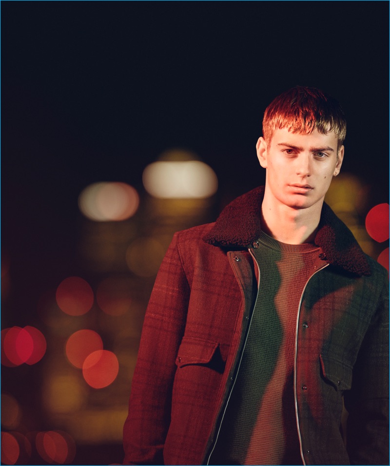 Ben Allen sports a shearling collared jacket for Jaeger's fall-winter 2016 campaign.