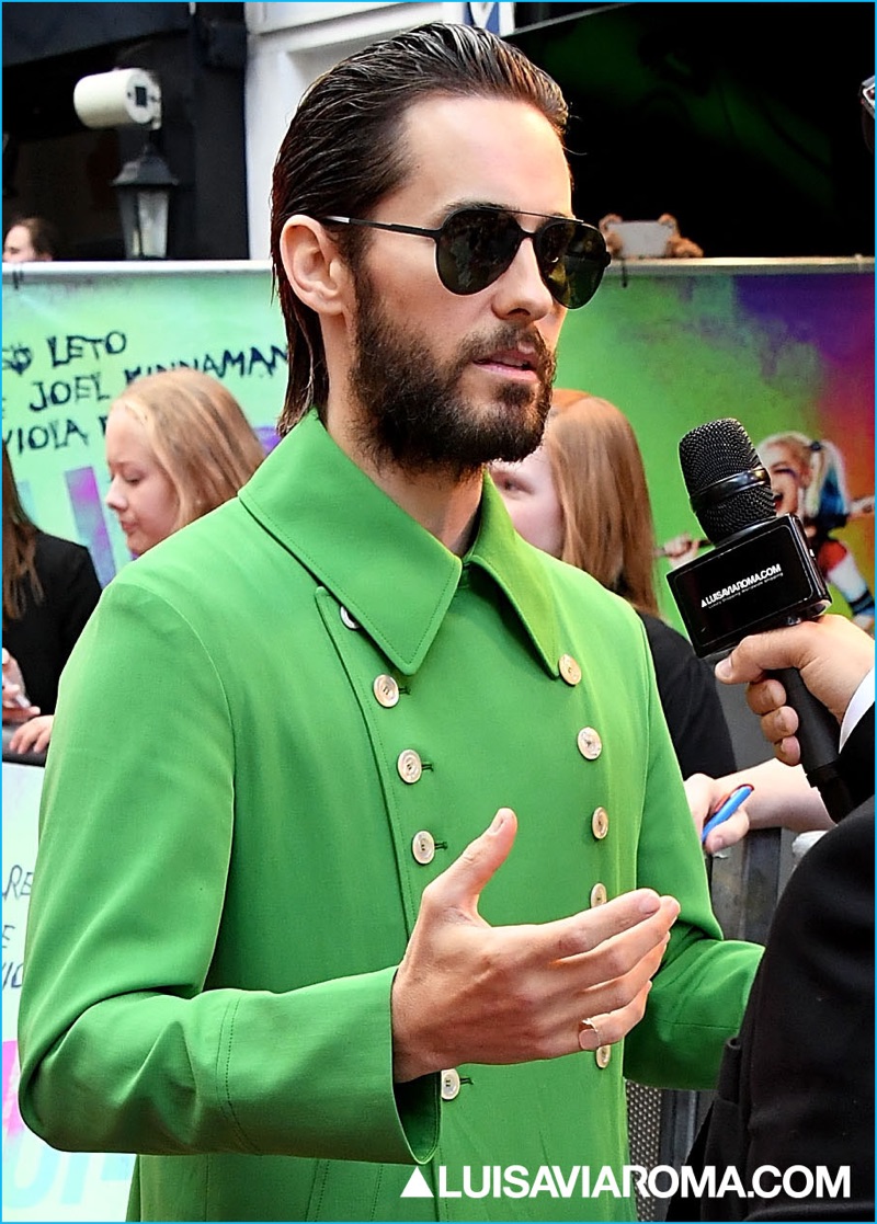 Jared Leto attends the European premiere of Suicide Squad in London, which was sponsored by Carrera. Leto rocks the brand's sunglasses with a Gucci double-breasted coat.