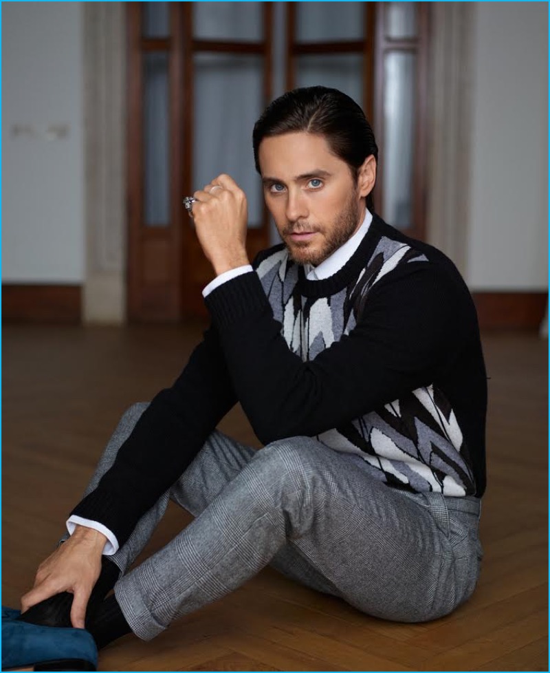 Jared Leto dons a black and grey fall look from Salvatore Ferragamo.