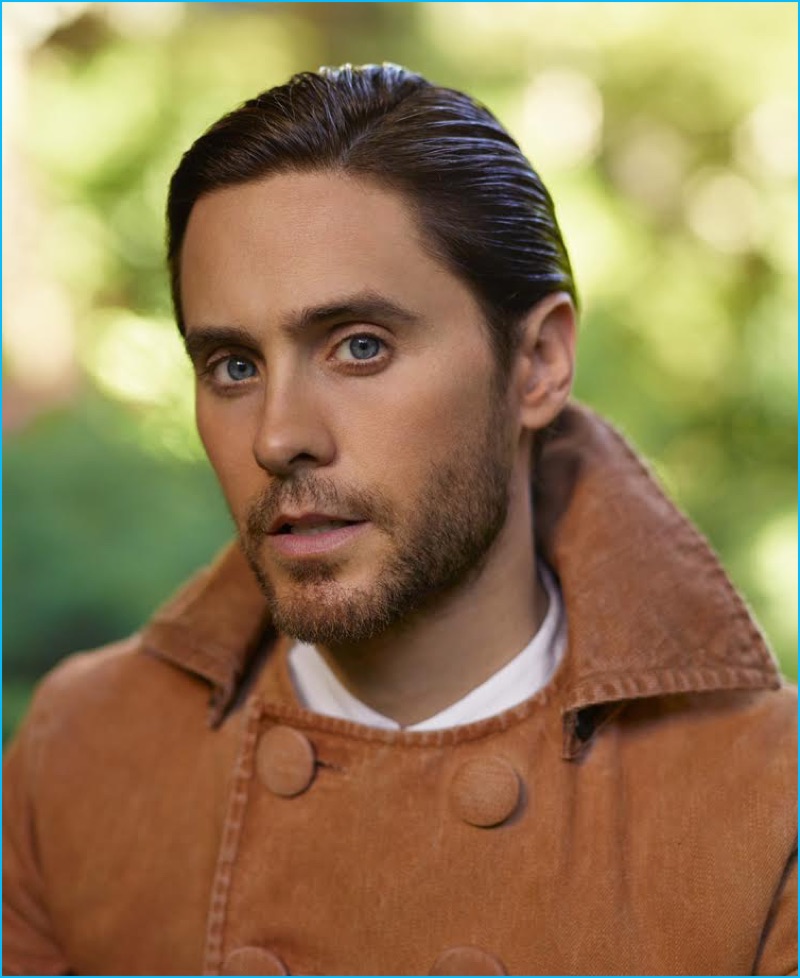 Jared Leto pictured in a double-breasted fall coat from Prada.
