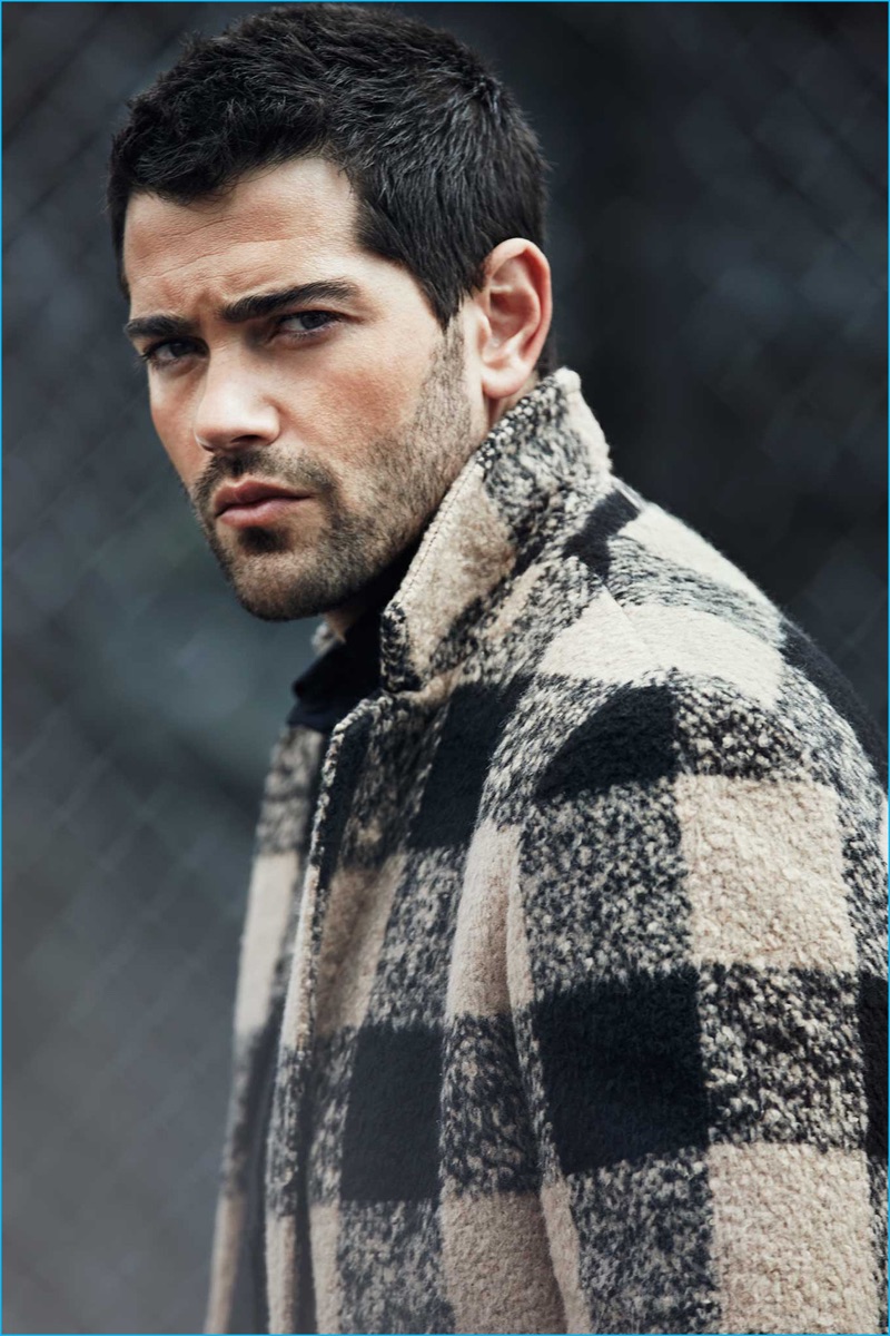 Jesse Metcalfe dons a buffalo check iiJin coat.