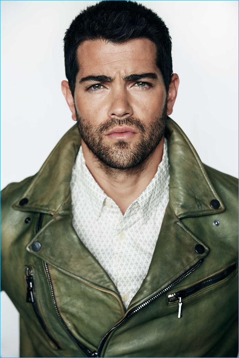 Jesse Metcalfe sports a green leather biker jacket from John Varvatos with a  Cake for Monarchs shirt.
