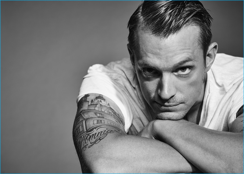 Joel Kinnaman photographed by Dani Brubaker in a t-shirt from AllSaints.