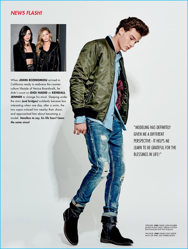 John Economou rocks a green bomber jacket with skinny fit distressed denim jeans from Guess. » Romeo of Venice Beach, John Economou Talks Going from Homeless to Modeling John Economou rocks a green bomber jacket with skinny fit distressed denim jeans from Guess.
