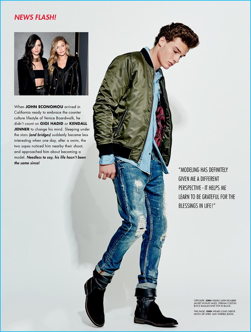 John Economou rocks a green bomber jacket with skinny fit distressed denim jeans from Guess.