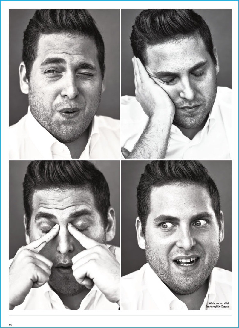 Jonah Hill offers up a range of expressions as he poses for a photo shoot from The Rake.