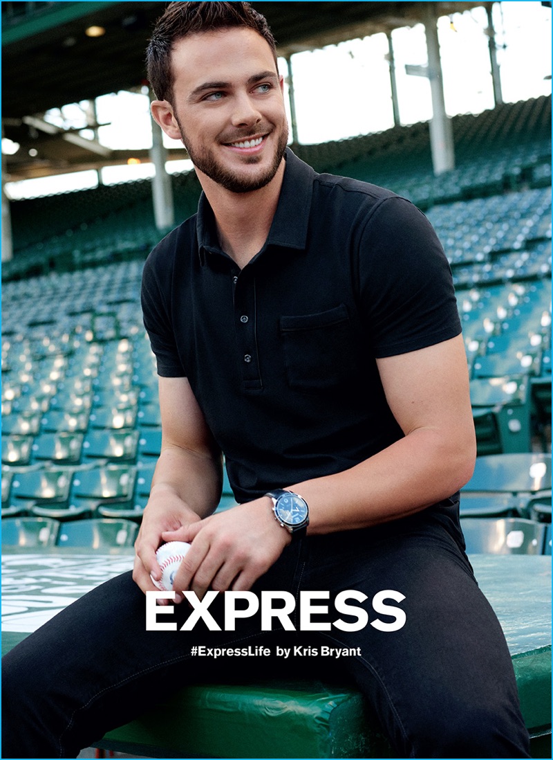 Kris Bryant sports a black polo shirt and denim jeans for Express' fall-winter 2016 campaign.