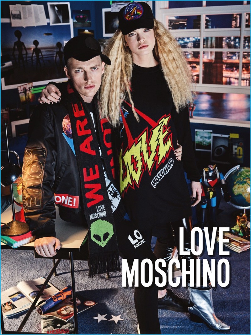 Victor Nylander embraces graphic fashions for Love Moschino's fall-winter 2016 campaign.