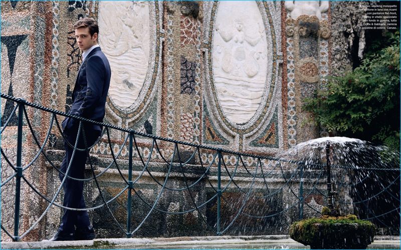 Lucas Mascarini channels a dandy edge with Dolce & Gabbana's sequin embellished suiting.