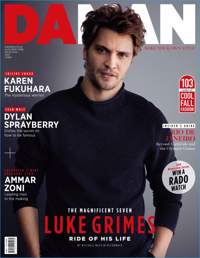 Luke Grimes covers the August/September 2016 issue of Da Man magazine.