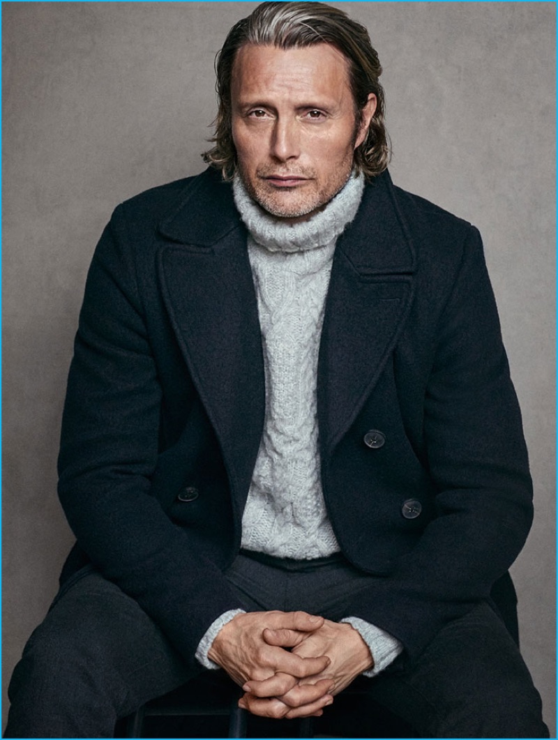 Mads Mikkelsen wears a cableknit turtleneck sweater with a peacoat for Marc O'Polo's fall-winter 2016 campaign.