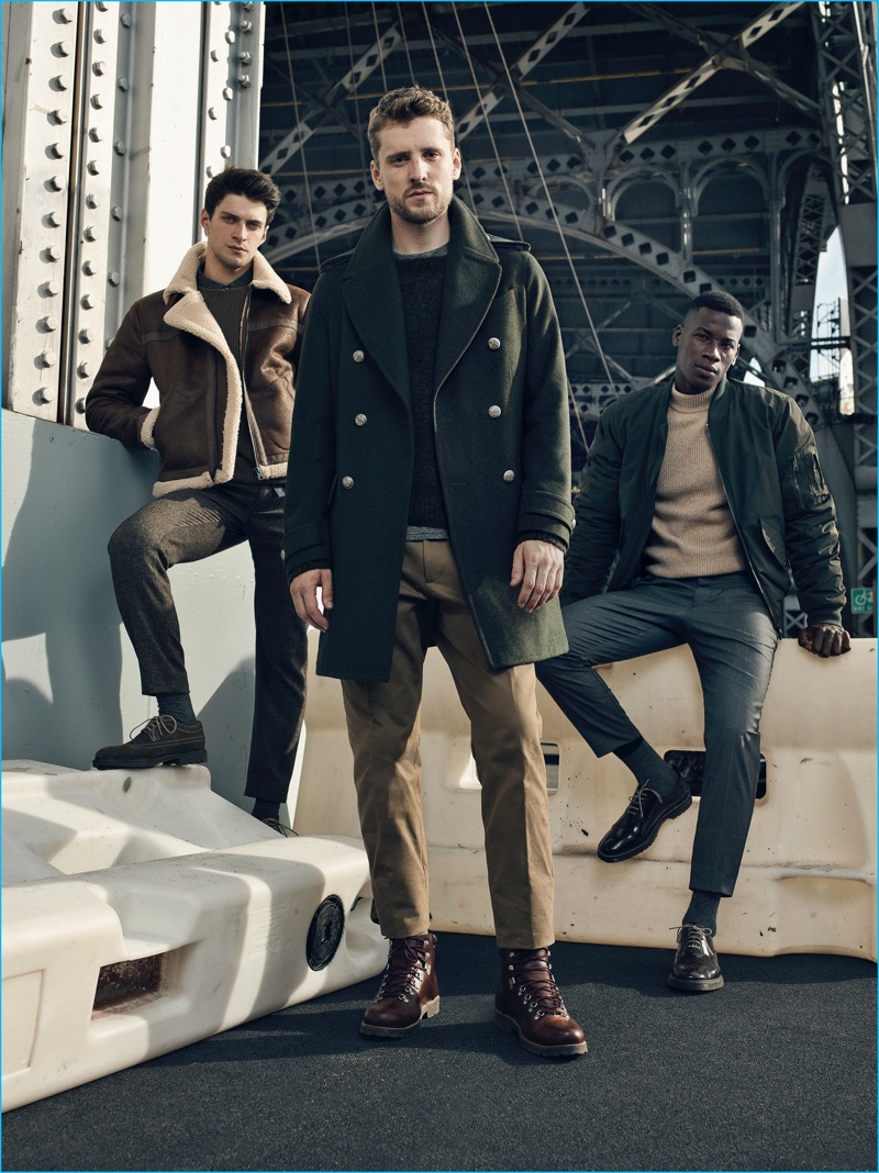 Models Matthew Bell, George Barnett and David Agbodji channel military style for Mango Man's fall-winter 2016 campaign.