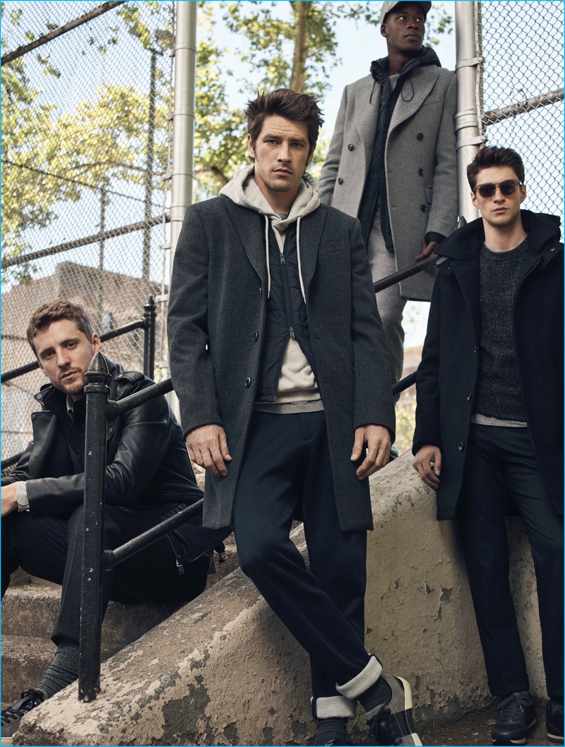 Models George Barnett, Vinnie Woolston, David Agbodji, and Matthew Bell visit Harlem for Mango's fall-winter 2016 campaign. 