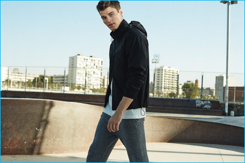 English model Arran Sly embraces a sporty aesthetic for Mango Man's latest style update.