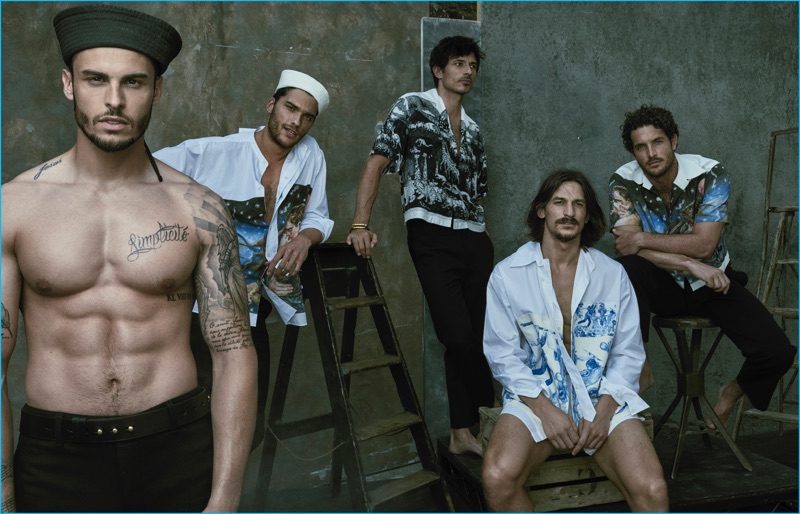 Baptiste Giabiconi, Aurelien Muller, Andres Velencoso, Jarrod Scott and Justice Joslin sport sailor-inspired looks from Prada for GQ Australia.