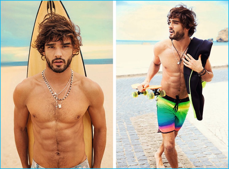 Marlon Teixeira shows off his fit bod as he hits the beach in colorful board shorts for Mormaii's spring-summer 2017 campaign.
